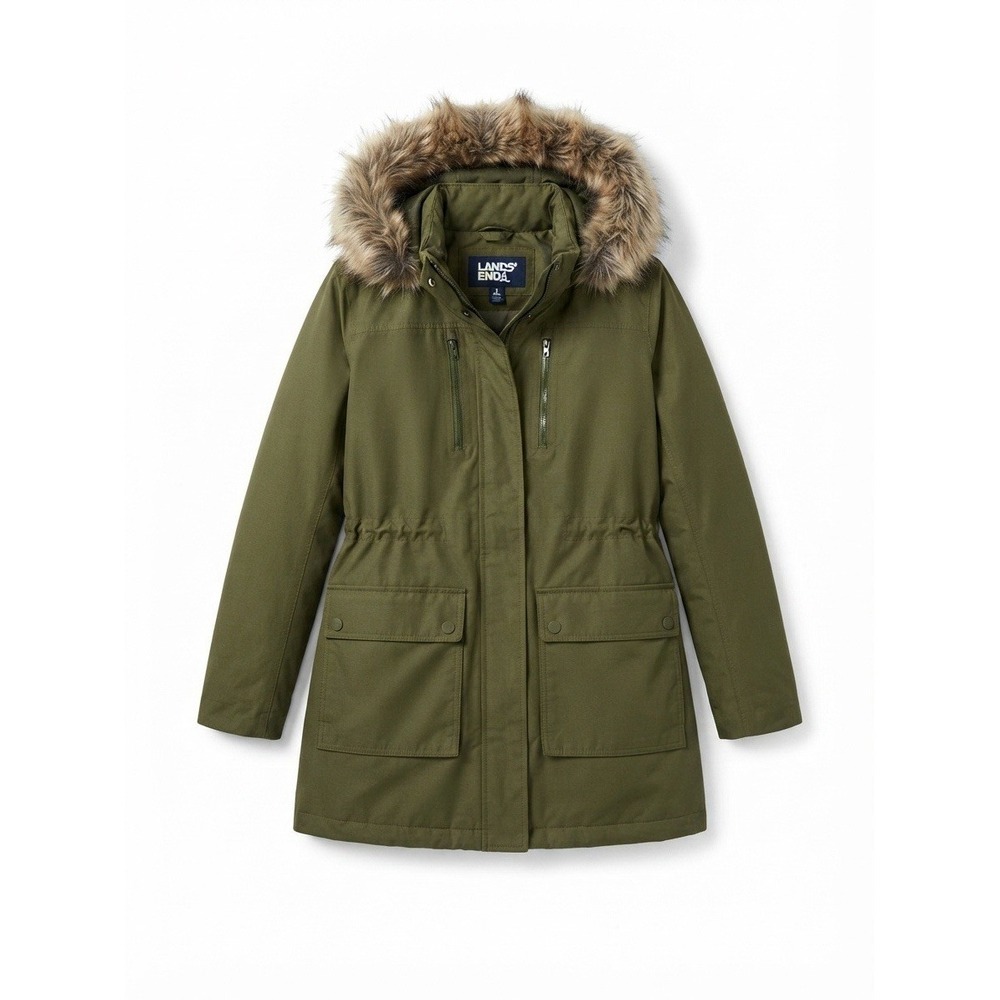 Lands End Down Coat L Womens Hooded Winter Warm Outdoor Parka Fur Lined